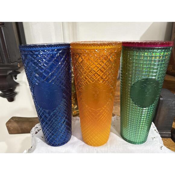 Starbucks Other - Lot 3 Starbucks Tumblers 24 oz Jeweled Iridescent Blue Orange Green No Straws
